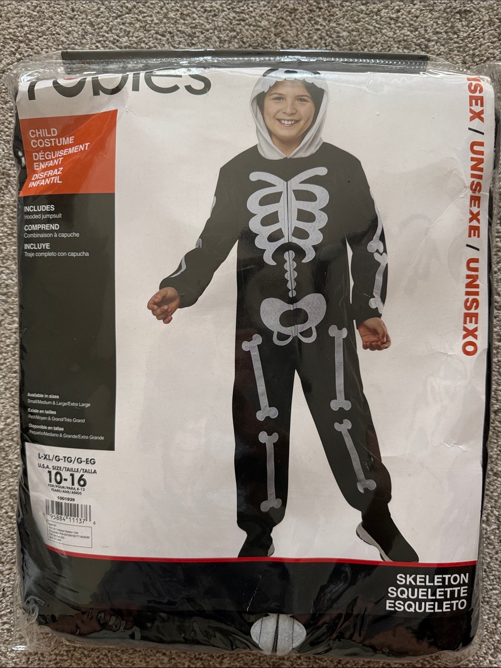 Rubie's Black Skeleton hooded Jumpsuit Costume with White Bone Print Lg|XL